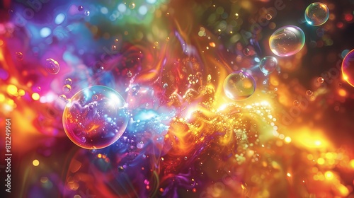 A colorful, abstract painting of bubbles and fire