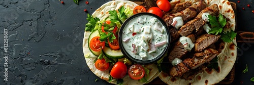 Greek gyro platter with tzatziki sauce, fresh food banner, top view with copy space