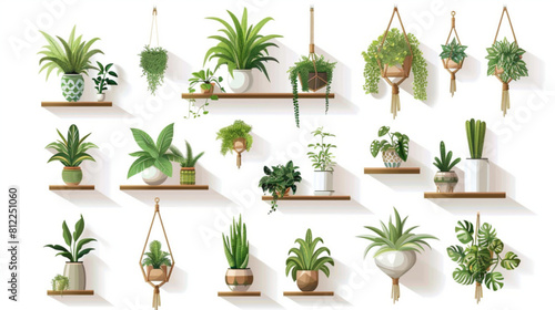 Indoor plants with decorative greenhouse elements. Green plants standing in pots on shelves, hanging in planter, macrame at cozy interior isolated on white background. 3D avatars set vector icon, whit