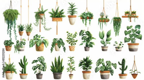 Indoor plants with decorative greenhouse elements. Green plants standing in pots on shelves, hanging in planter, macrame at cozy interior isolated on white background. 3D avatars set vector icon, whit