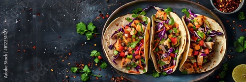 Grilled fish tacos with cabbage slaw, top view horizontal food banner with copy space