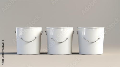 Three white buckets with handles are arranged in a row