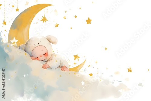 Adorable Baby Sleeping on Moon with Stars - Dreamy and Whimsical Nursery Art Illustration - Cute and Cozy Baby Sleep Art