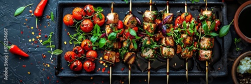 Italian antipasto skewers with balsamic glaze, fresh food banner, top view with copy space