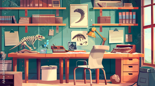 Archeology lab interior with fossils. Vector cartoon illustration of laboratory room with stone and prehistoric animal bones on desk under microscope and lamp, folders on shelf, paleontology science