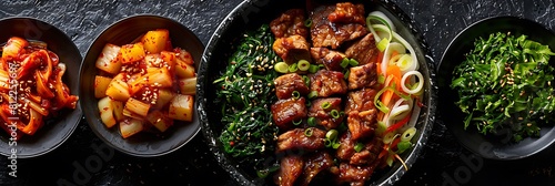 Korean BBQ with kimchi, fresh food banner, top view with copy space