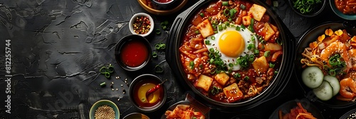 Korean BBQ with kimchi, top view horizontal food banner with copy space