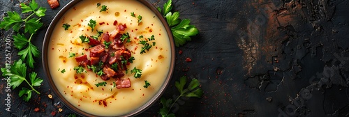 Loaded baked potato soup with bacon bits, fresh food banner, top view with copy space