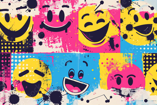 abstract smiling emoji colorful vibrant artistic display of various expressive smiley faces background