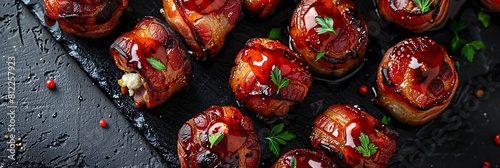 Maple glazed bacon wrapped dates with goat cheese, top view horizontal food banner with copy space