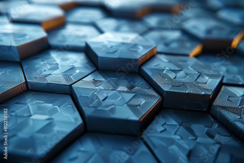 Close-up image of overlapping hexagon surfaces with blue tones and subtle textures representing data or scientific concepts