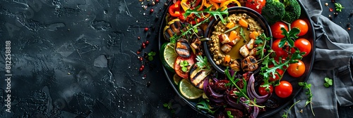 Mediterranean grilled vegetable platter with hummus, fresh food banner, top view with copy space