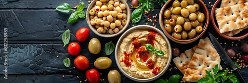 Mediterranean hummus platter with olives and pita, top view horizontal food banner with copy space