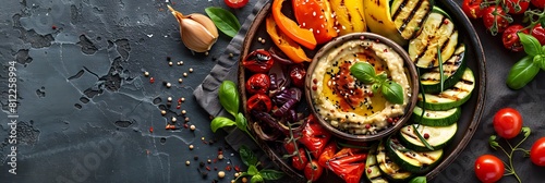 Mediterranean grilled vegetable platter with hummus, top view horizontal food banner with copy space
