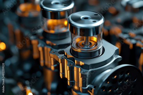 At modern engine with gears, pistons are attached to latest technological valves in cylinders AI Generative