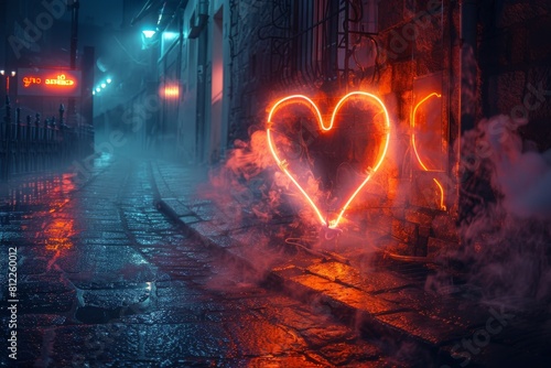 Romantic red neon heart sign glowing amidst a foggy and misty urban street scene at nighttime