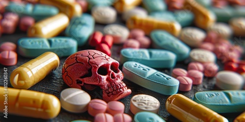Assorted Pills Arranged in Skull Shape. Generative AI