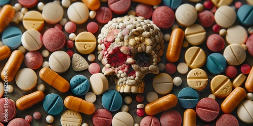 Skull Surrounded by Pills. Generative AI