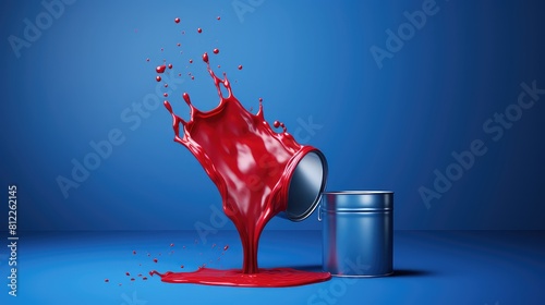 A can of red paint is poured out onto a blue background