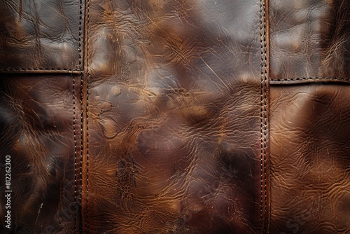 Distinct stitched seams highlighted on a textured brown leather surface, suggesting durability and craftsmanship