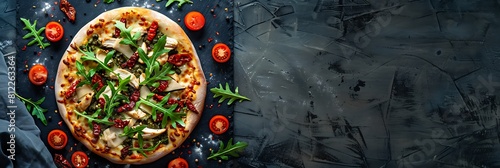 Pesto chicken pizza with sun-dried tomatoes and arugula, top view horizontal food banner with copy space