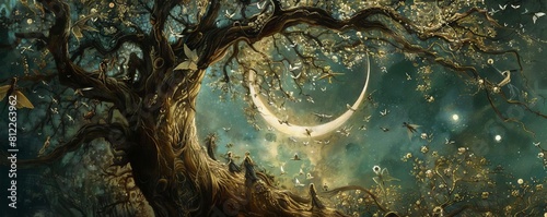 A crescent moon cradled in the branches of an ancient tree, with fairies dancing around its trunk
