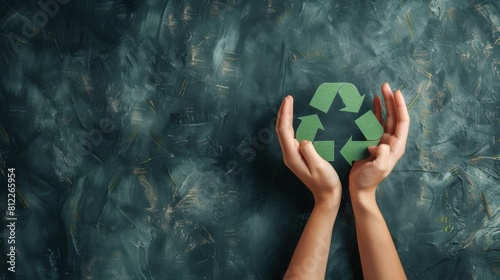 Two hands are carefully holding a bold green recycle logo against a textured blue background, promoting environmental awareness