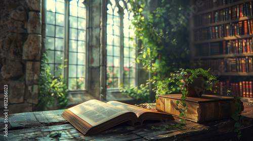 Herbology book in medieval library 