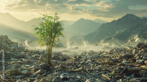 A powerful image of a lone bamboo shoot growing among towering mountains of discarded waste, symbolizing hope and renewal