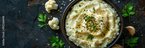 Roasted garlic mashed cauliflower with parmesan, fresh food banner, top view with copy space