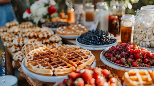 A waffle bar at a wedding reception, with guests customizing their waffles with an array of toppings and syrups