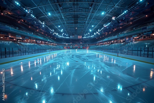 An eerie, empty ice hockey rink, capturing the reflections on the cold, shiny surface under the bright arena lights