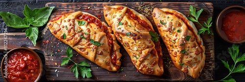 Sausage and pepperoni calzone with marinara dipping sauce, top view horizontal food banner with copy space