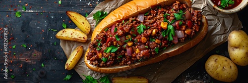 Sloppy joes with potato wedges, fresh food banner, top view with copy space