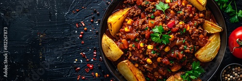 Sloppy joes with potato wedges, top view horizontal food banner with copy space