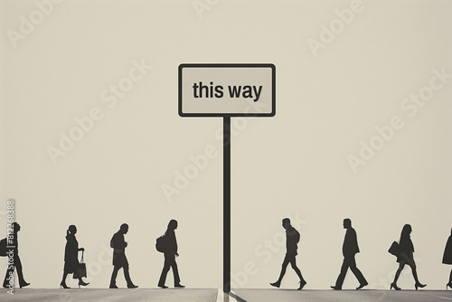 Present a compelling visual of the phrase "this way" set against a minimalist white setting, conveying the profound role of communication and unity in addressing challenges.