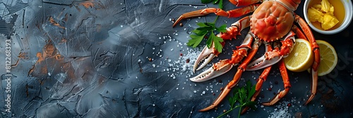Snow crab legs with drawn butter, top view horizontal food banner with copy space