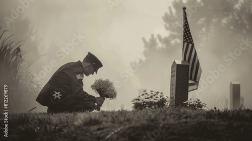 Soldier paying respects at grave Memorial Day