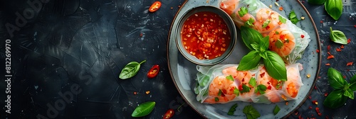 Spring rolls with sweet chili sauce, top view horizontal food banner with copy space
