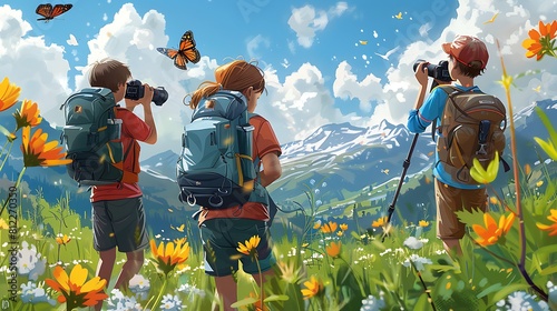 Three people are hiking in a field with mountains in the background