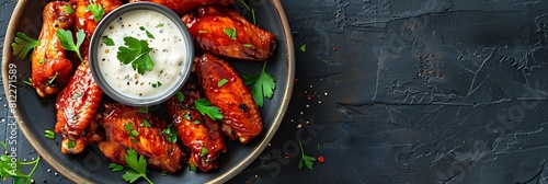 Sweet and spicy chicken wings with ranch, fresh food banner, top view with copy space