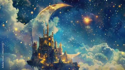 A group of fairies building a castle atop a crescent moon using stars and cosmic dust