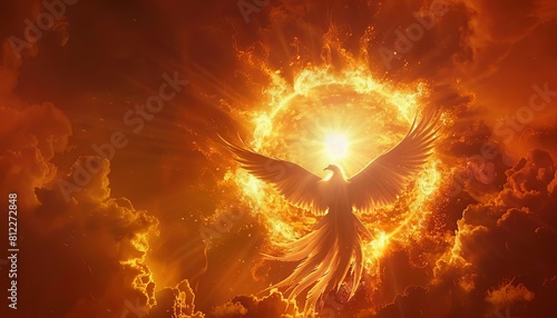 A phoenix emerging from the sun, its wings spreading out across the sky in a halo of flames