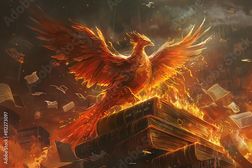 A phoenix nesting atop a burning library, its feathers turning pages to ashes as it rests