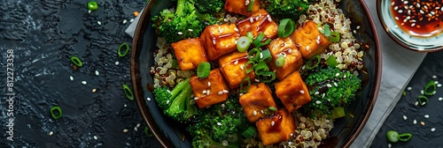 Teriyaki glazed tofu bowls with broccoli and quinoa, fresh food banner, top view with copy space