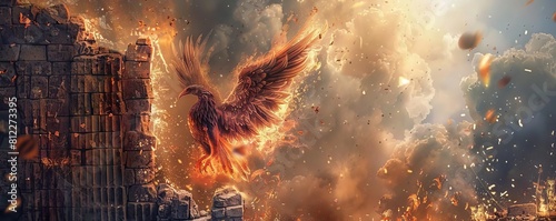 A phoenix transforming from stone to fire, breaking free from a crumbling stone statue