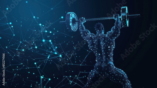 weightlifter with cybernetic particles. Polygonal digital background AI generated