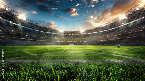 Soccer stadium background, panorama of green ground of sport field, ball and lights. Concept of court, competition, grass, football arena