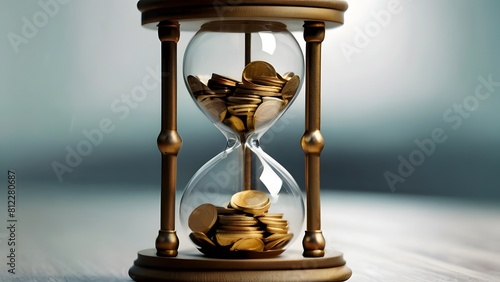 Hourglass with coins inside. business concept of time and money