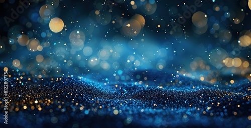 Dark Blue and Gold Particle Abstract Backdrop with Christmas Golden Light Shine Particles Bokeh on Navy Blue Background and Gold Foil Texture